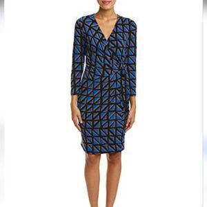 Anne Klein Blue, Black and Gray Patterned Dress. Career. Professional. Geometric